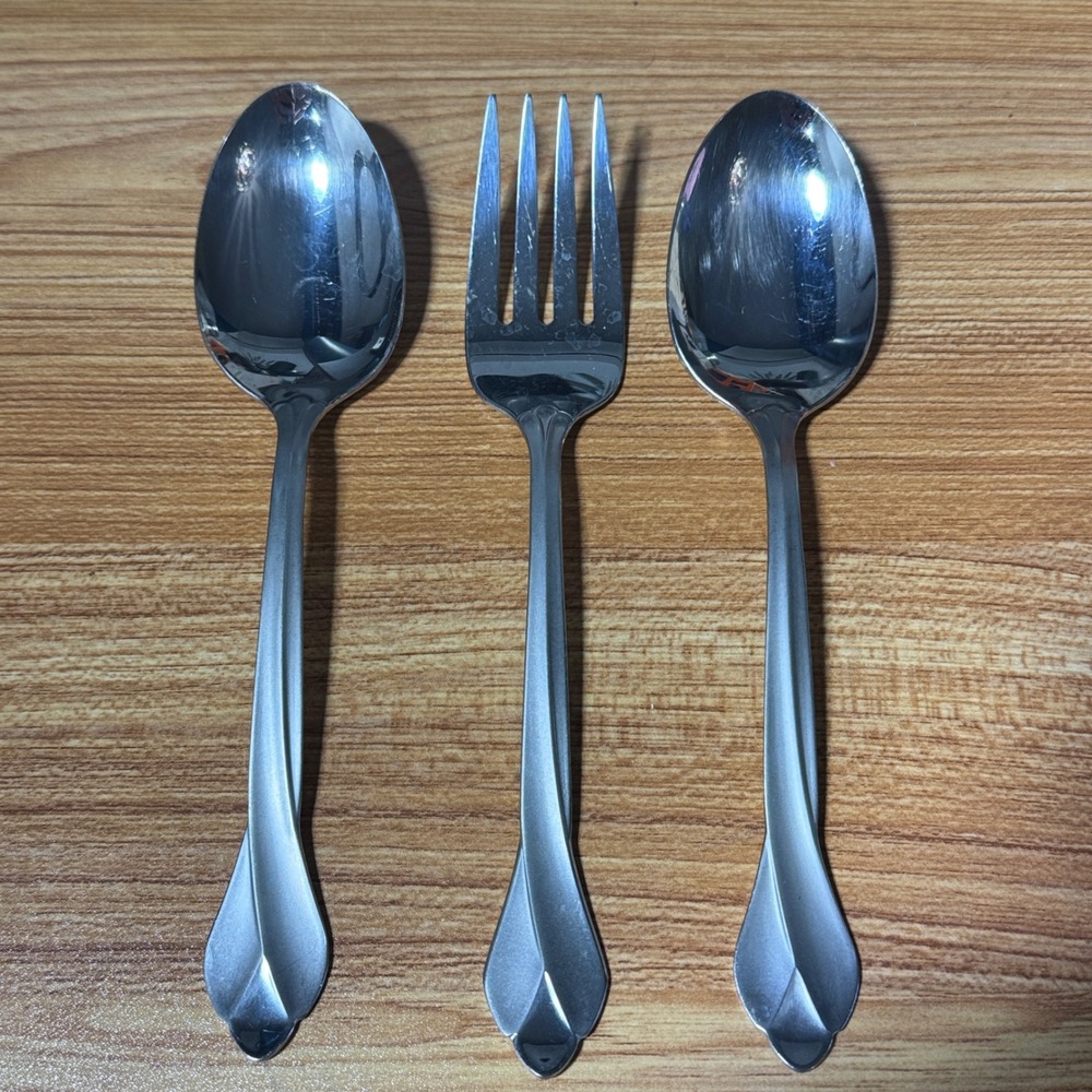 Oneida Tribeca Meat Fork Serving Spoon Trio Satin Stainless Steel Glossy USA